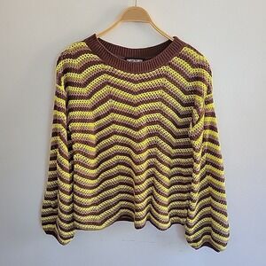 Sweet and Sinful Sweater XL Multicolor Stripe Open Knit Balloon Sleeve Retro